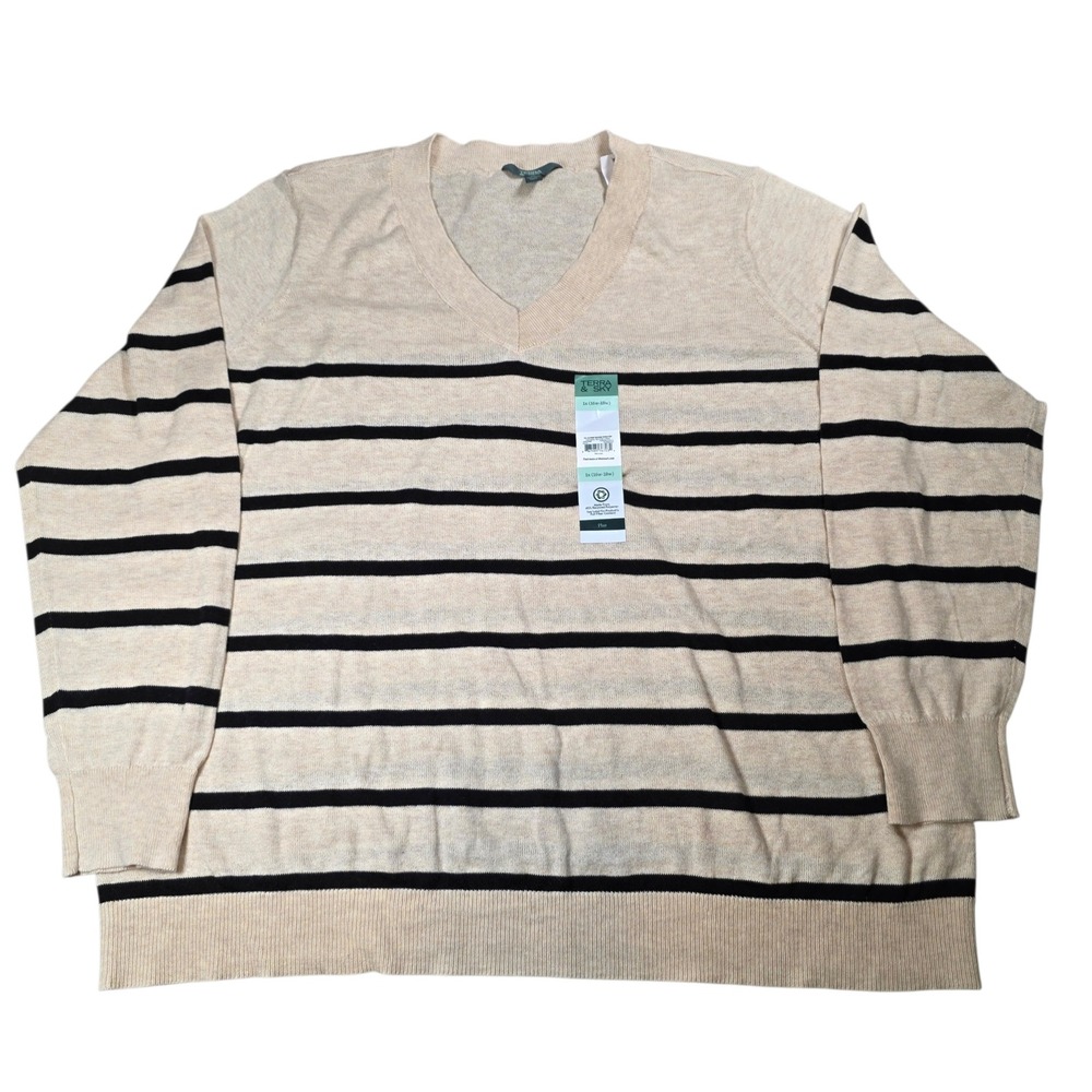 Terra & Sky Womens 1X V-Neck Striped Sweater Oatmeal Black Lightweight NEW